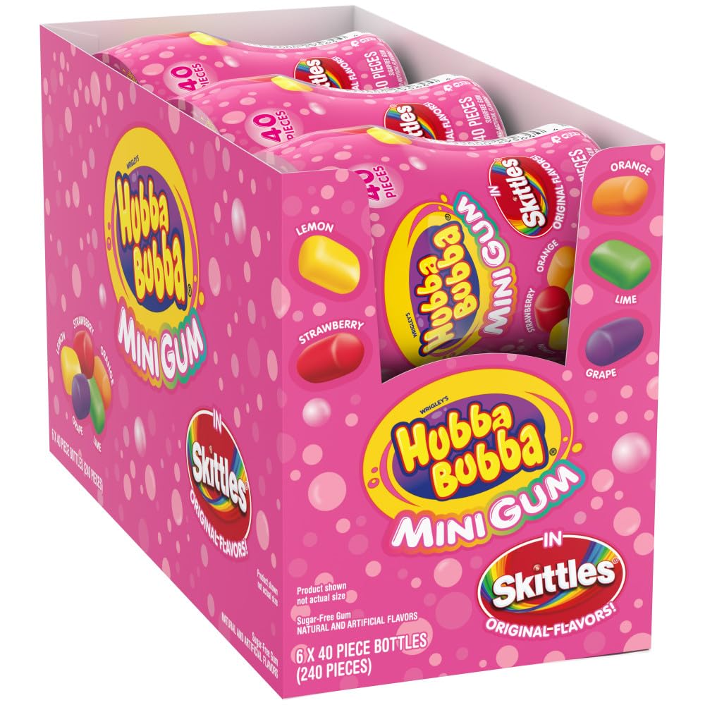 Hubba Bubba frente del paquete mostrando botellas reseñables y variedad