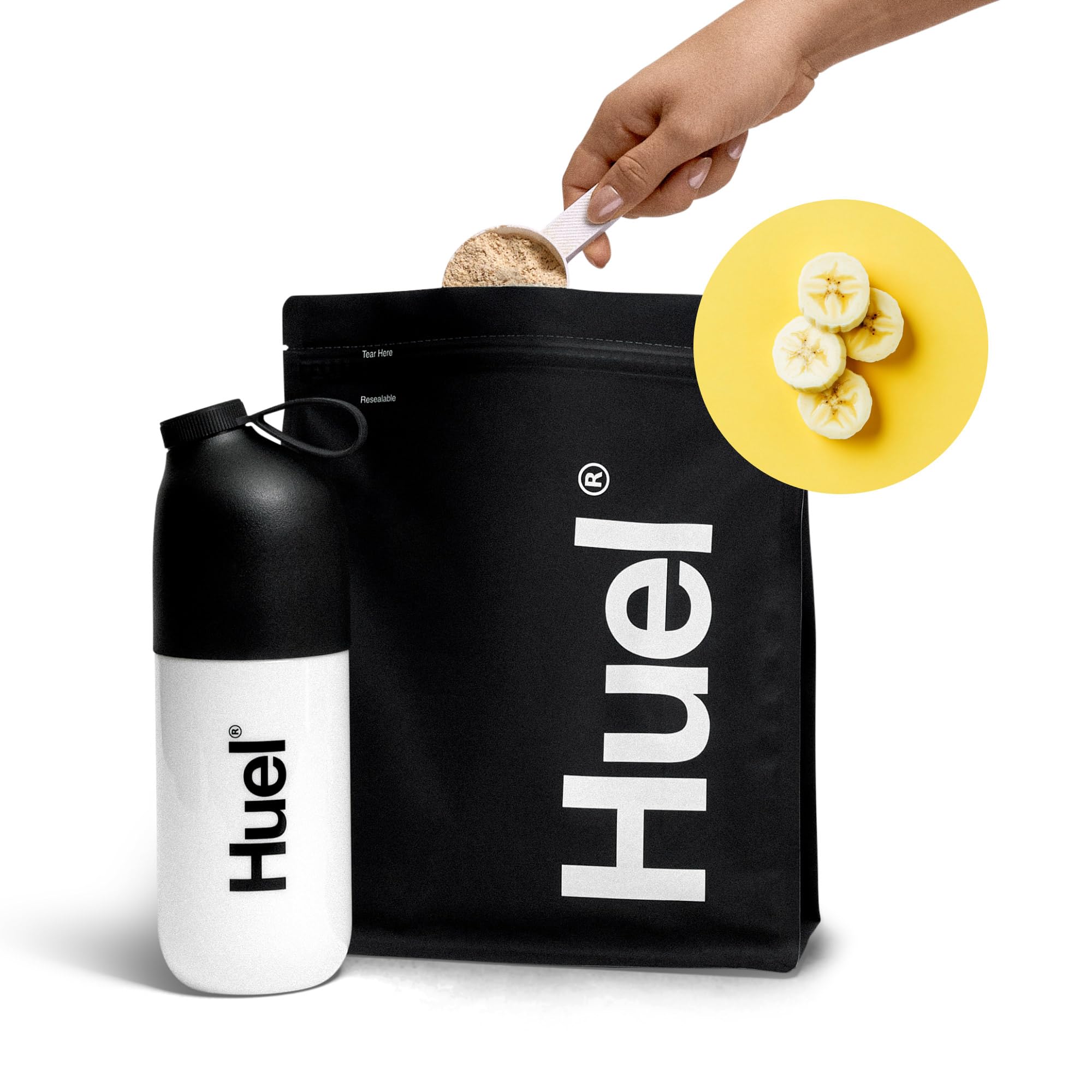 Huel meal on a desk with laptop showing practical workday convenience