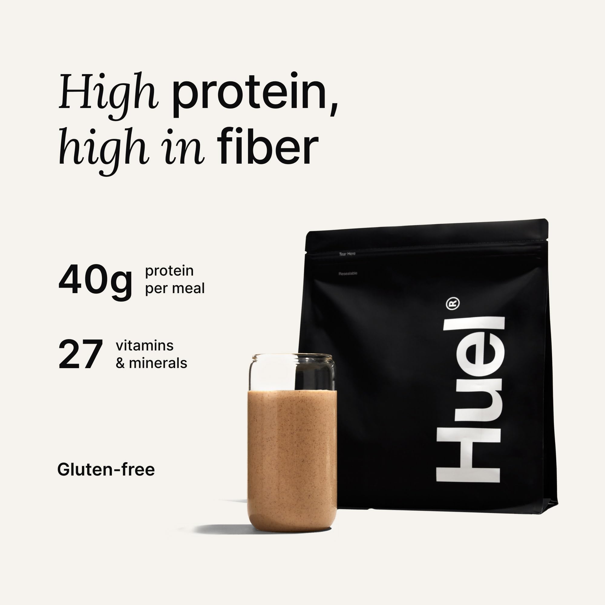 Huel powder close‑up showing texture of banana mix and easy dissolving