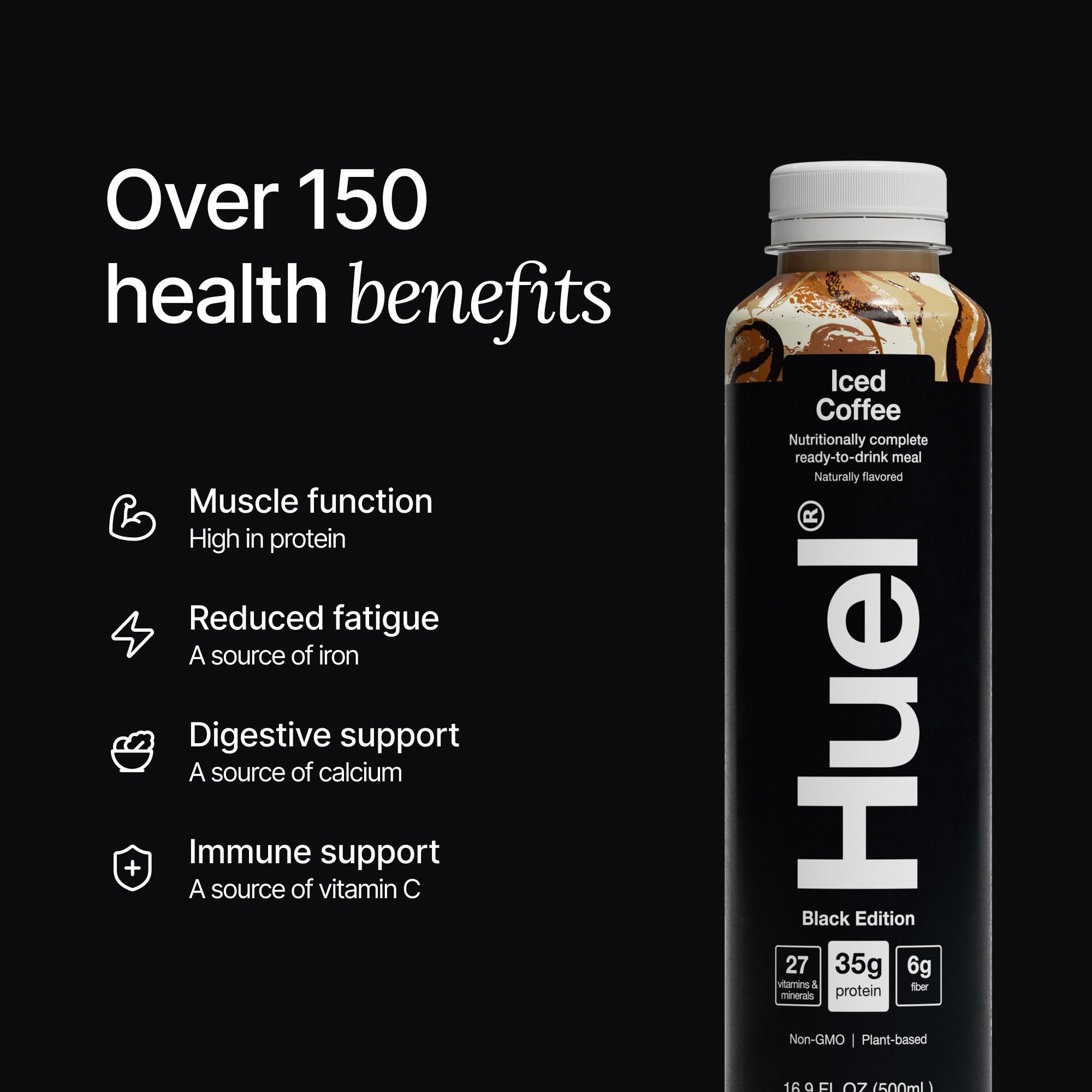 Hand holding Huel bottle demonstrating portability and on-the-go nutrition