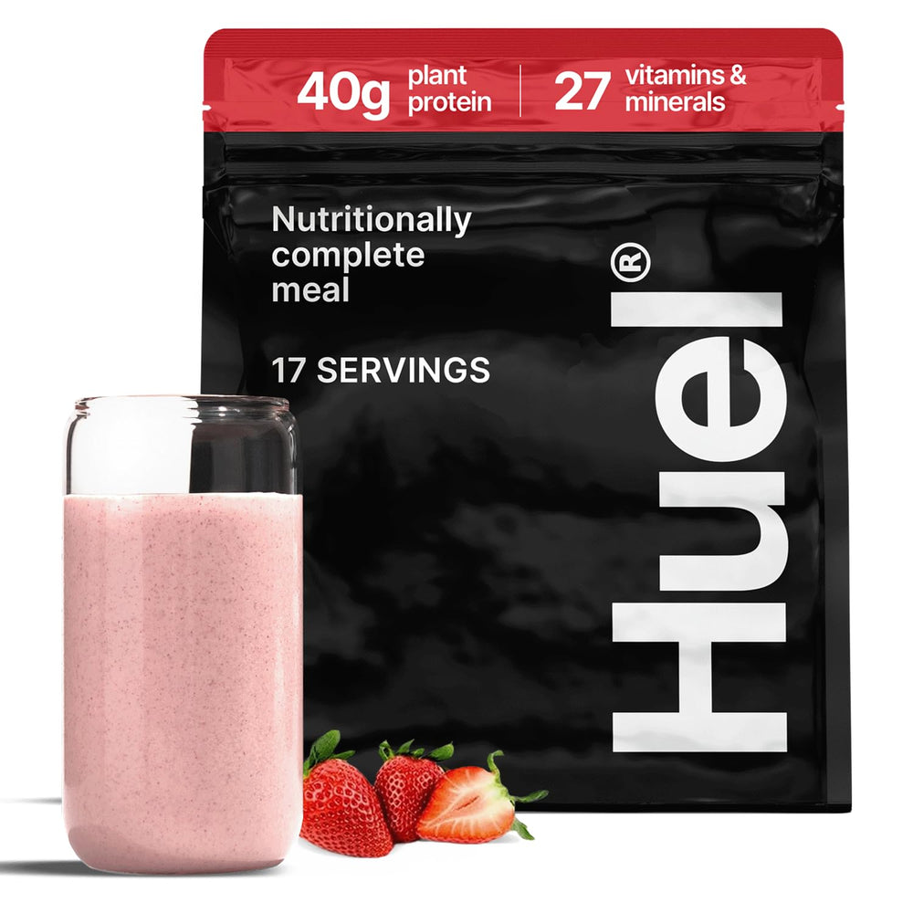 Huel Black Edition front packaging showing strawberry flavor and servings