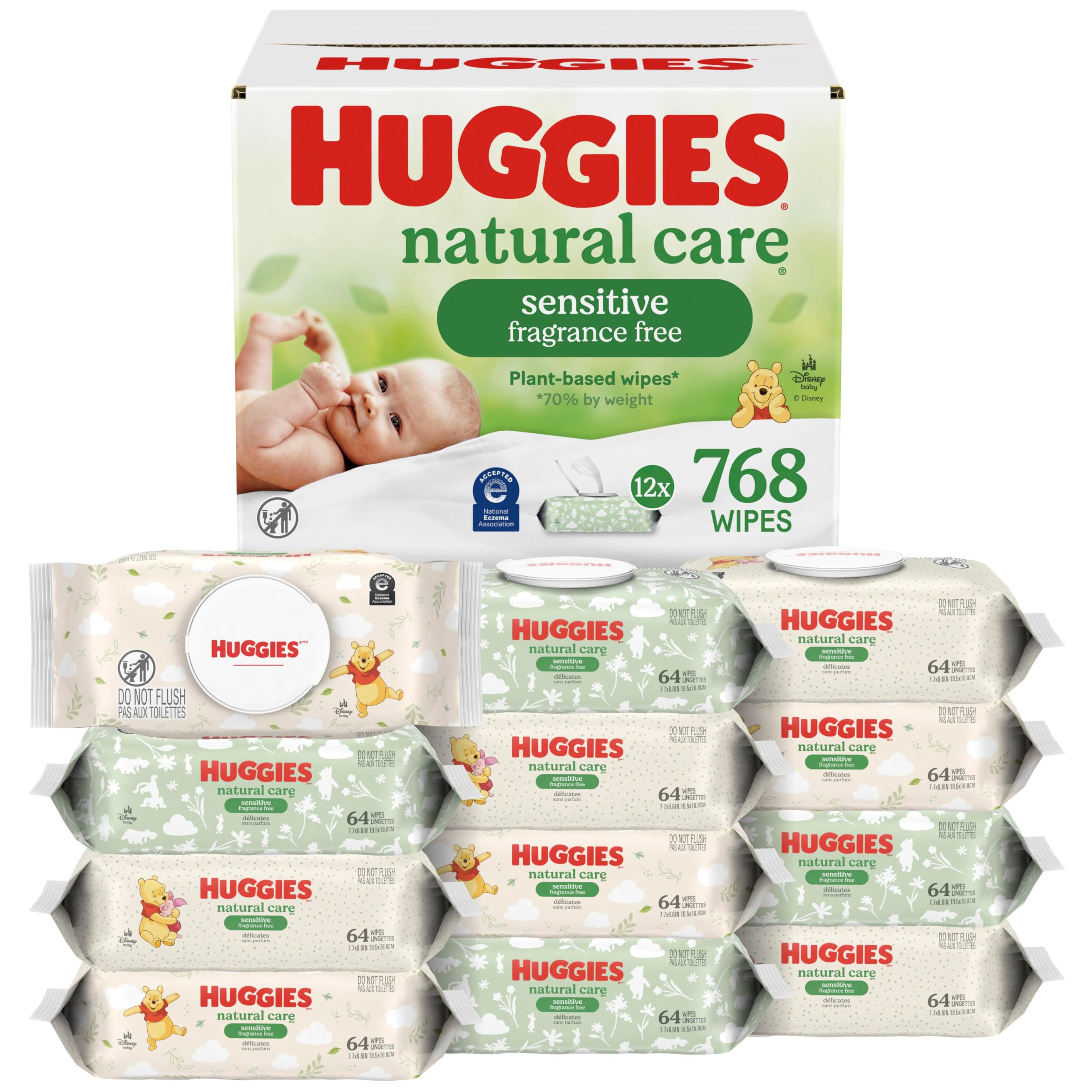 HUGGIES empaque frontal Natural Care mostrando cantidad y diseño