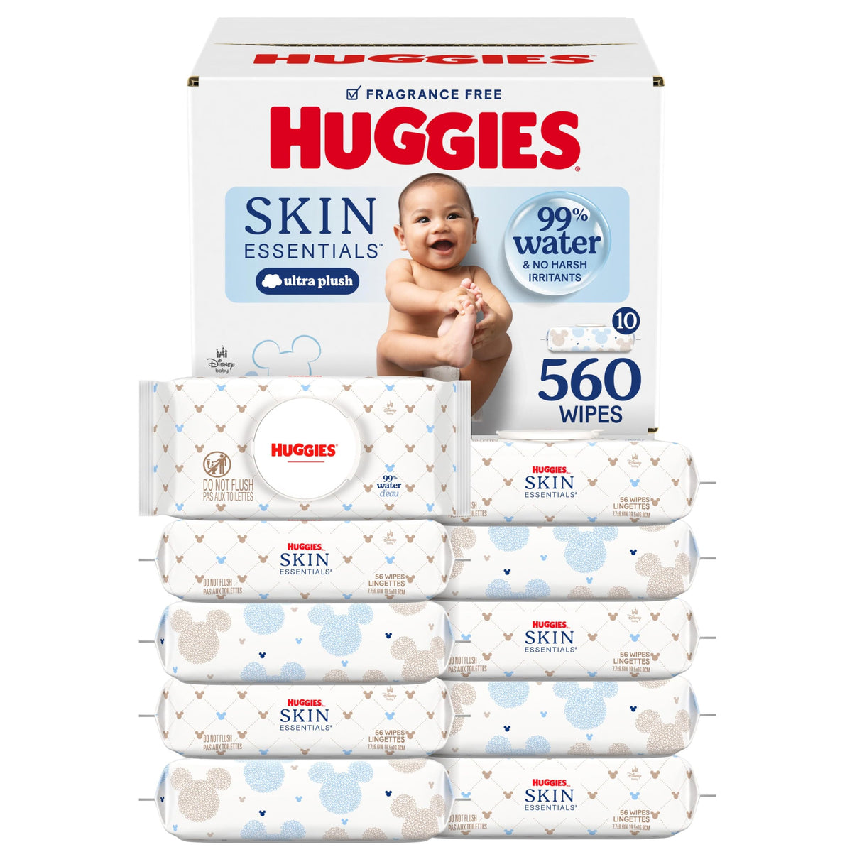 HUGGIES front pack showing 10-pack convenience and wipe count benefit