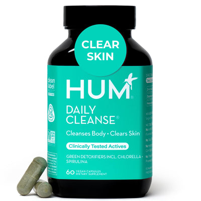 HUM envase frontal del suplemento Daily Cleanse mostrando diseño y cantidad