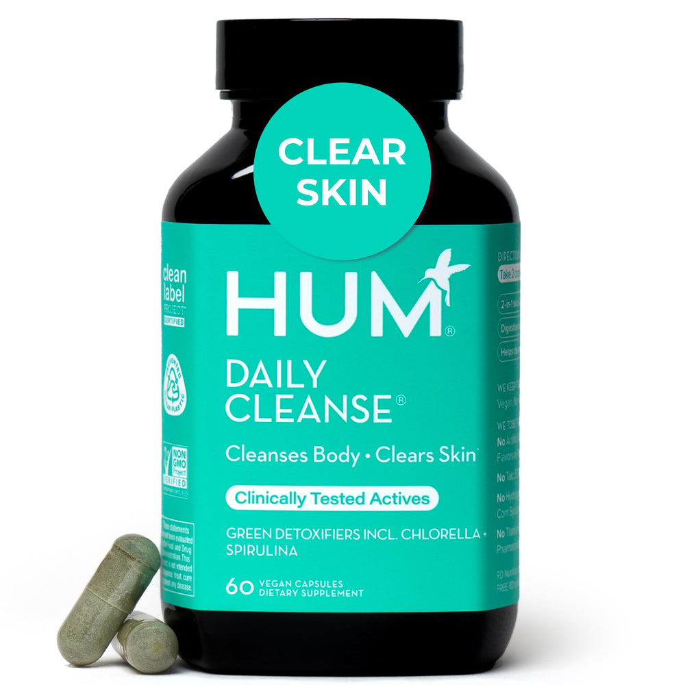 HUM envase frontal del suplemento Daily Cleanse mostrando diseño y cantidad