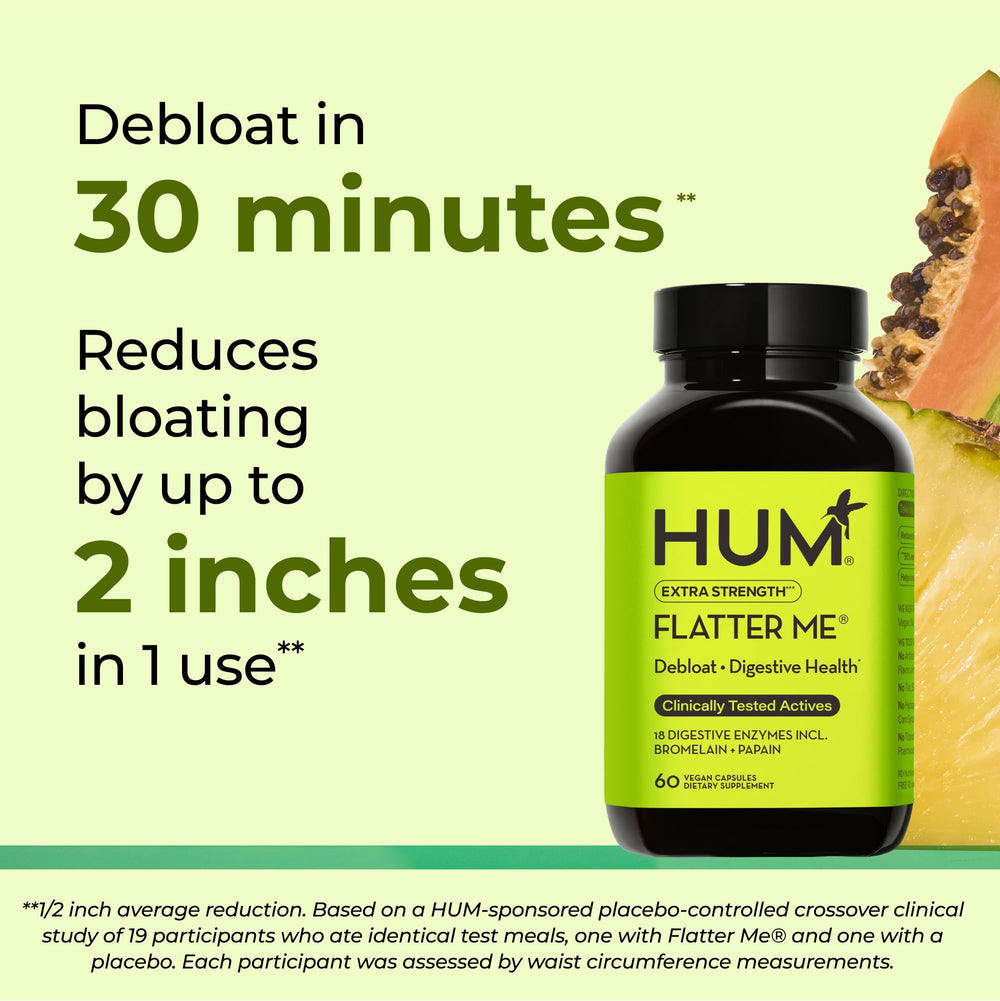 HUM Flatter Me capsule next to a plate to show product use with meals and digestive support benefit