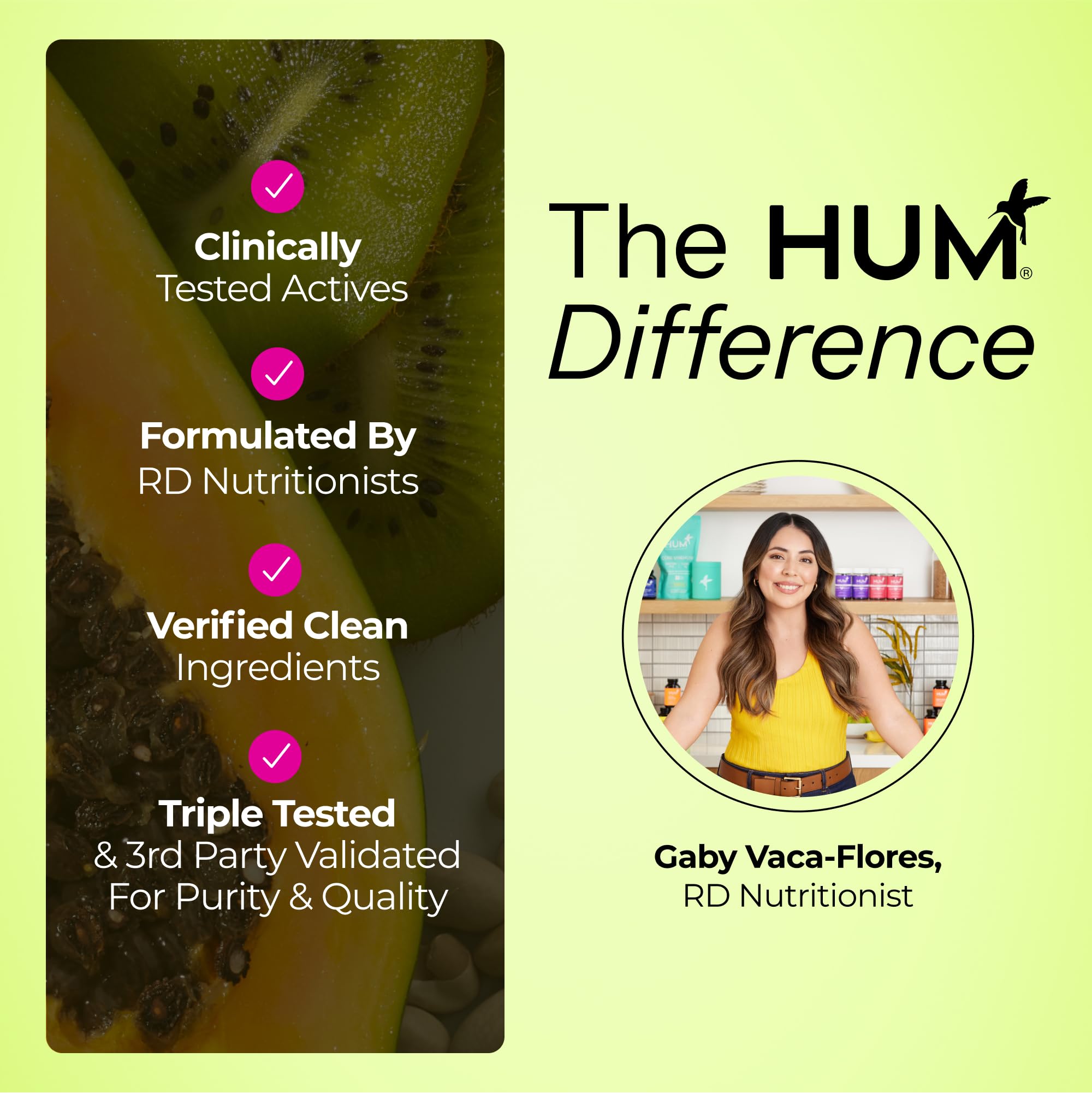 HUM Flatter Me beside a balanced meal lifestyle shot showing support for comfortable digestion