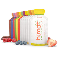 HÜMA CHIA ENERGY GEL variety pack front showing all 12 tubes and label benefit