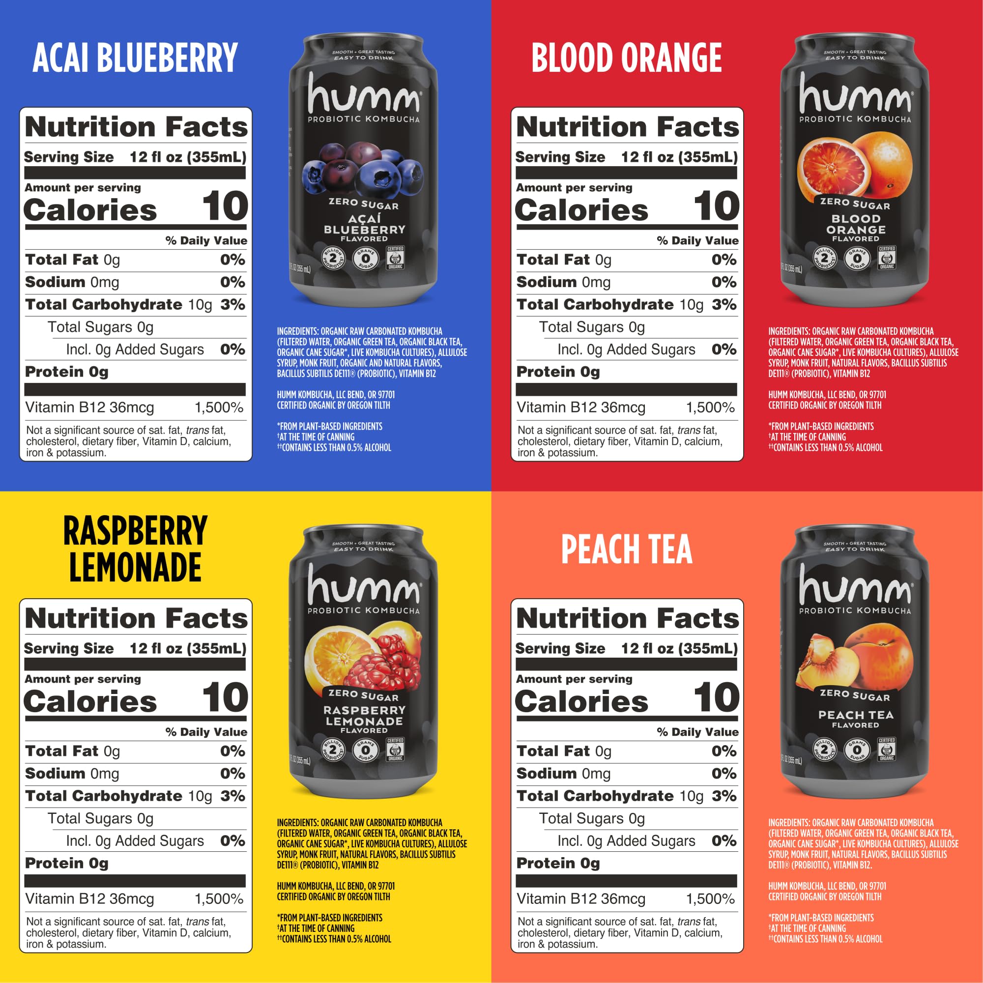 Humm Acai Blueberry primer plano de la textura de la lata y burbujas, destaca sabor real