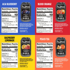 Humm Acai Blueberry primer plano de la textura de la lata y burbujas, destaca sabor real