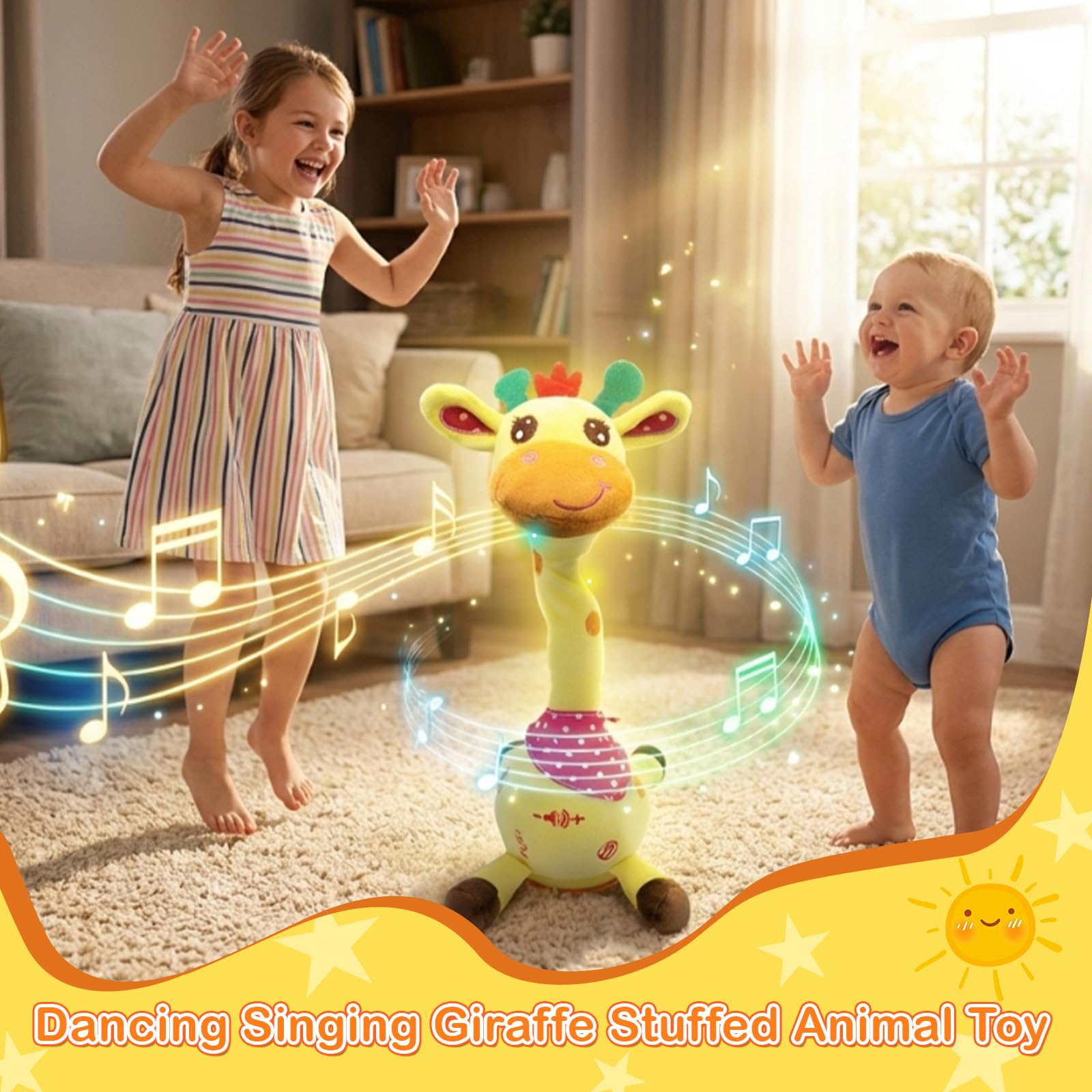 Hunfur giraffe dancing in playroom encouraging movement and joyful play