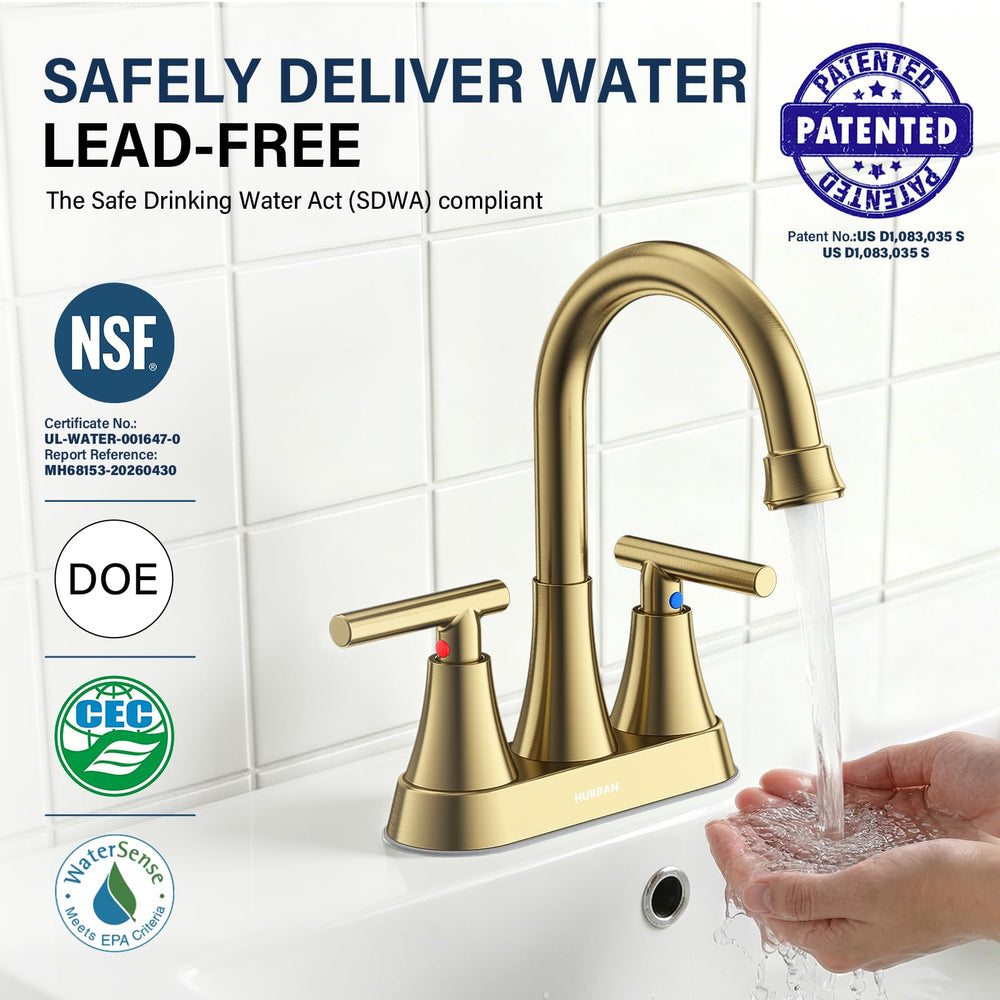 Hurran brushed gold faucet installed in bathroom demonstrating cohesive decor