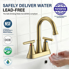 Hurran brushed gold faucet installed in bathroom demonstrating cohesive decor