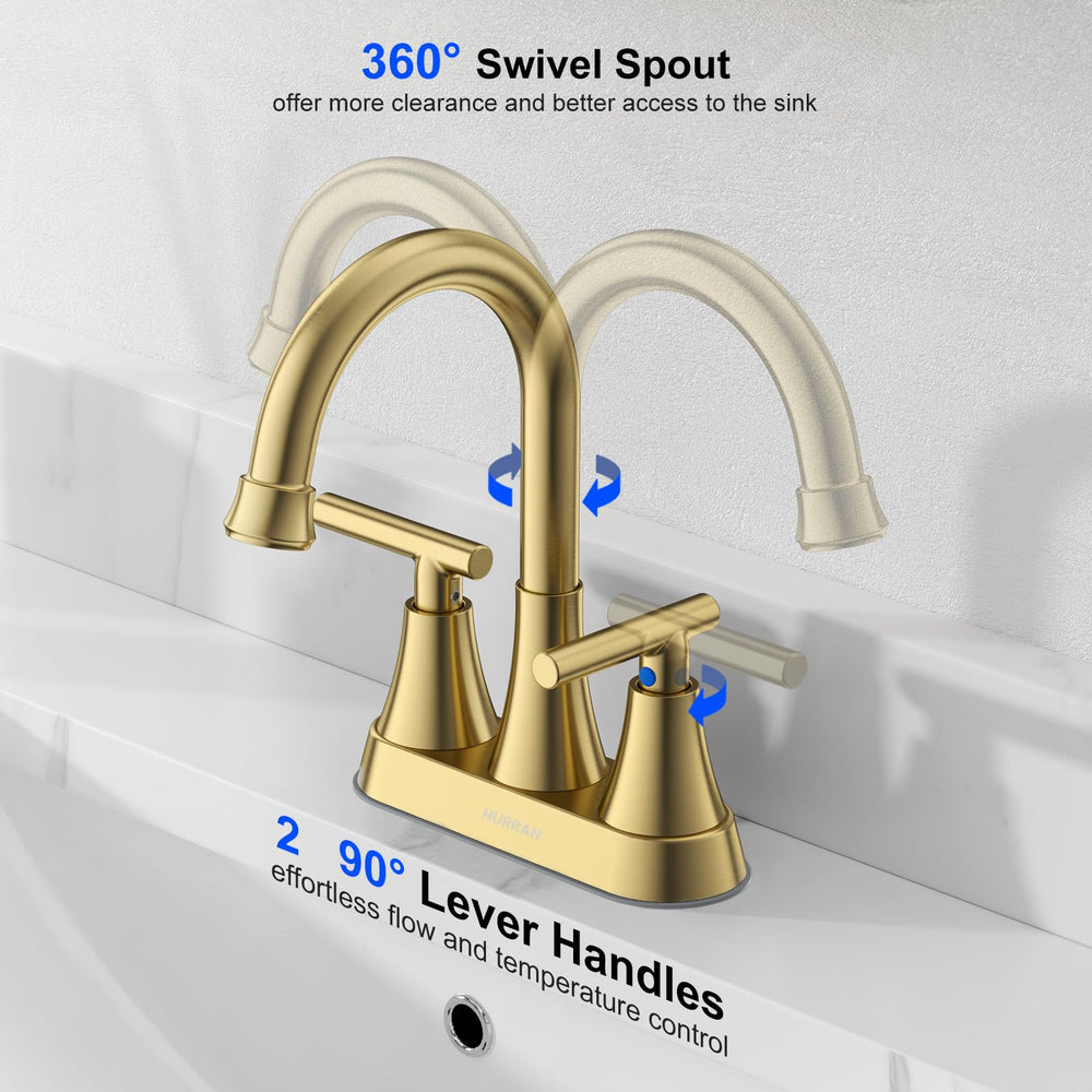 Hurran brushed gold pop-up drain closeup showing built-in strainer benefit