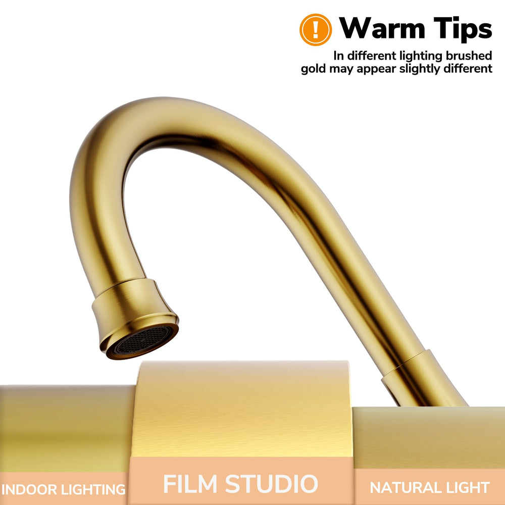 Hurran brushed gold spout close-up highlighting swivel reach and height