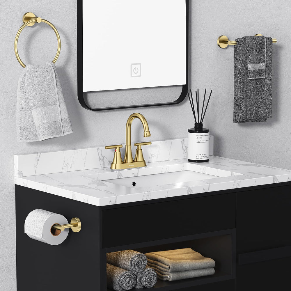 Hurran brushed gold supply lines and hardware including easy-install parts