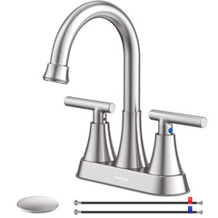 Hurran front view brushed nickel faucet showing sleek two-handle design and benefit: durable finish