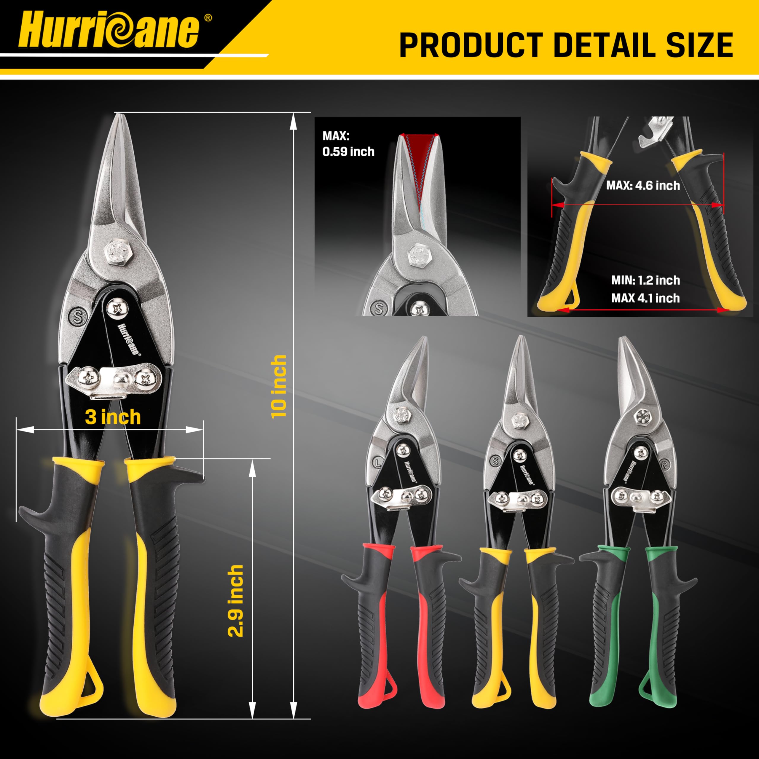 HURRICANE red left-cut snip detail demonstrating tight curve capability and control