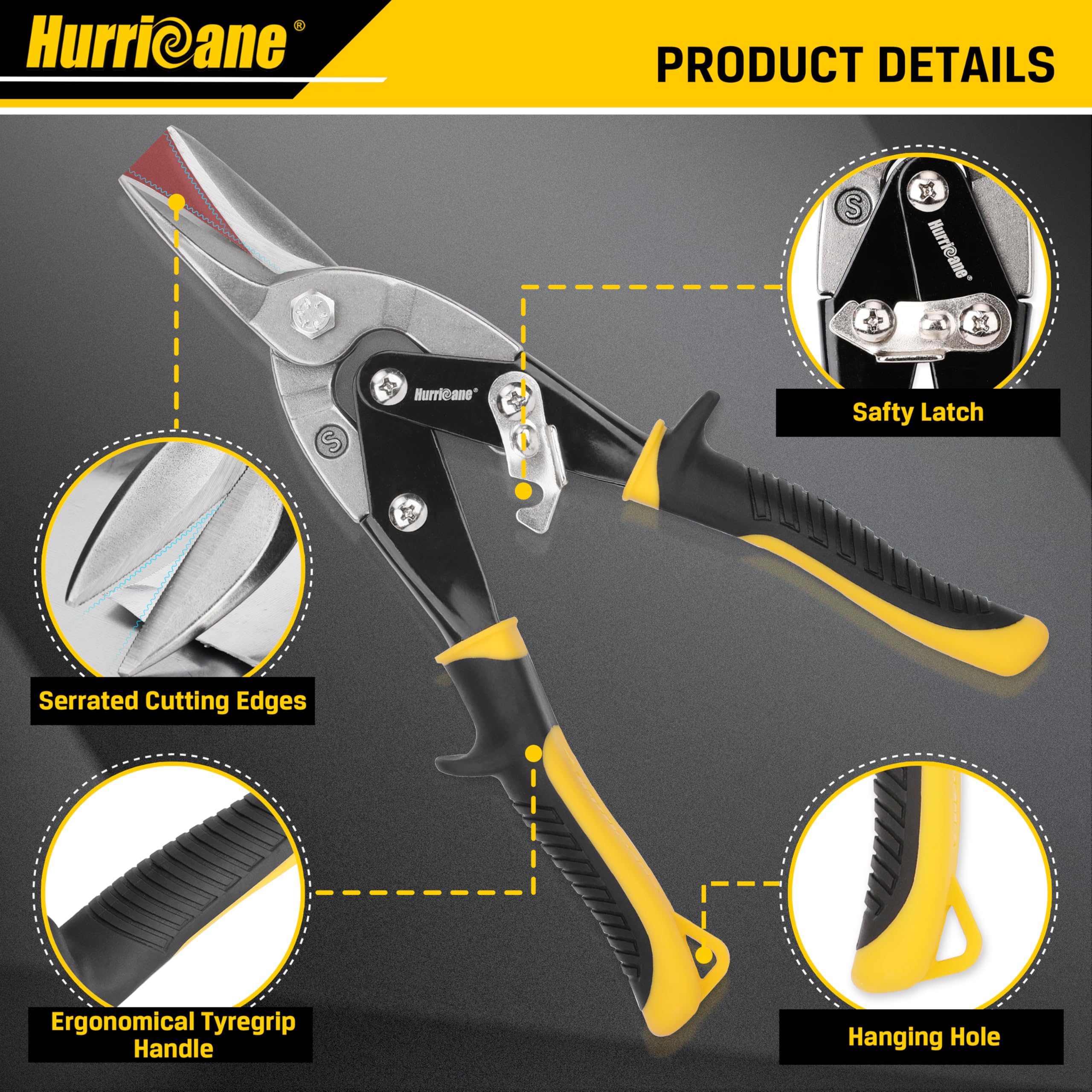 HURRICANE yellow straight snip closeup showing serrated blade for cleaner long cuts