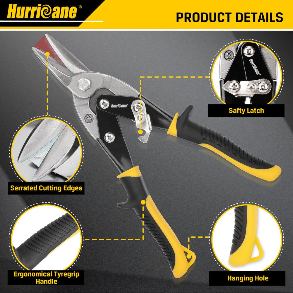 HURRICANE yellow straight snip closeup showing serrated blade for cleaner long cuts