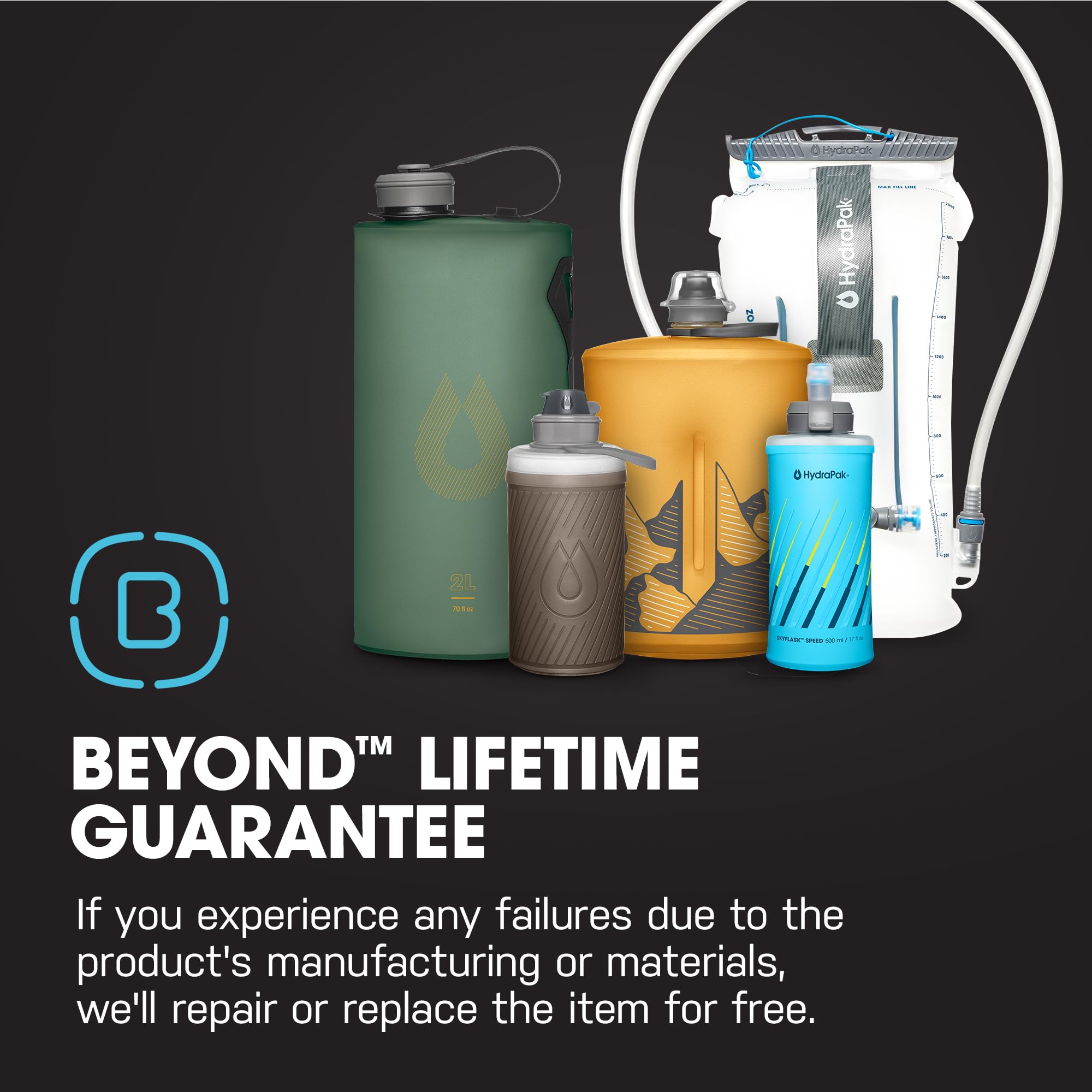 HydraPak SoftFlask etiqueta con materiales TPU, PP y silicona y garantía