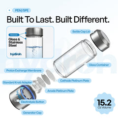 hydroh bottle beside smartphone showing 15oz scale and travel-friendly size