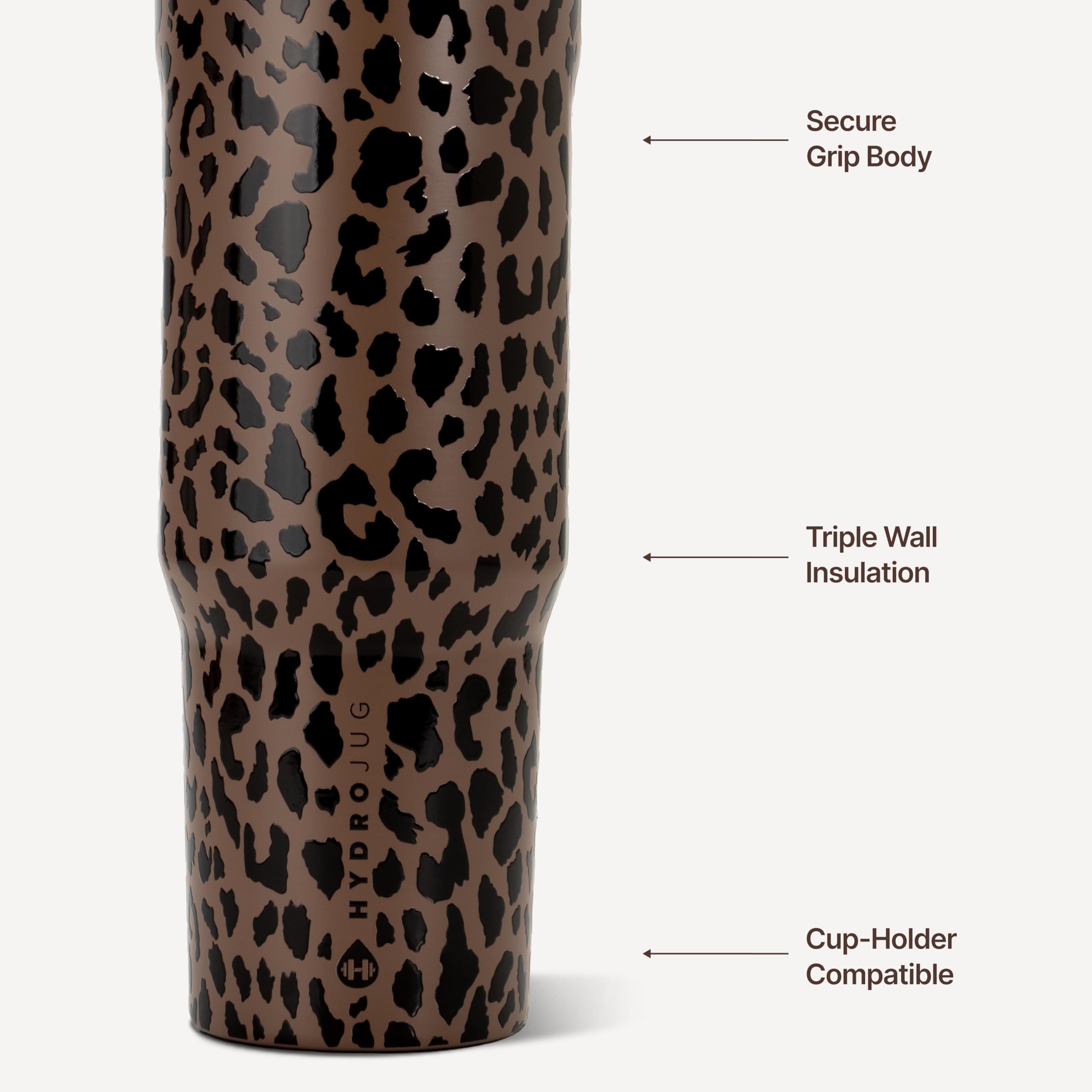 HydroJug Brown Leopard flip straw detail showing leak-resistant lid for easy sipping