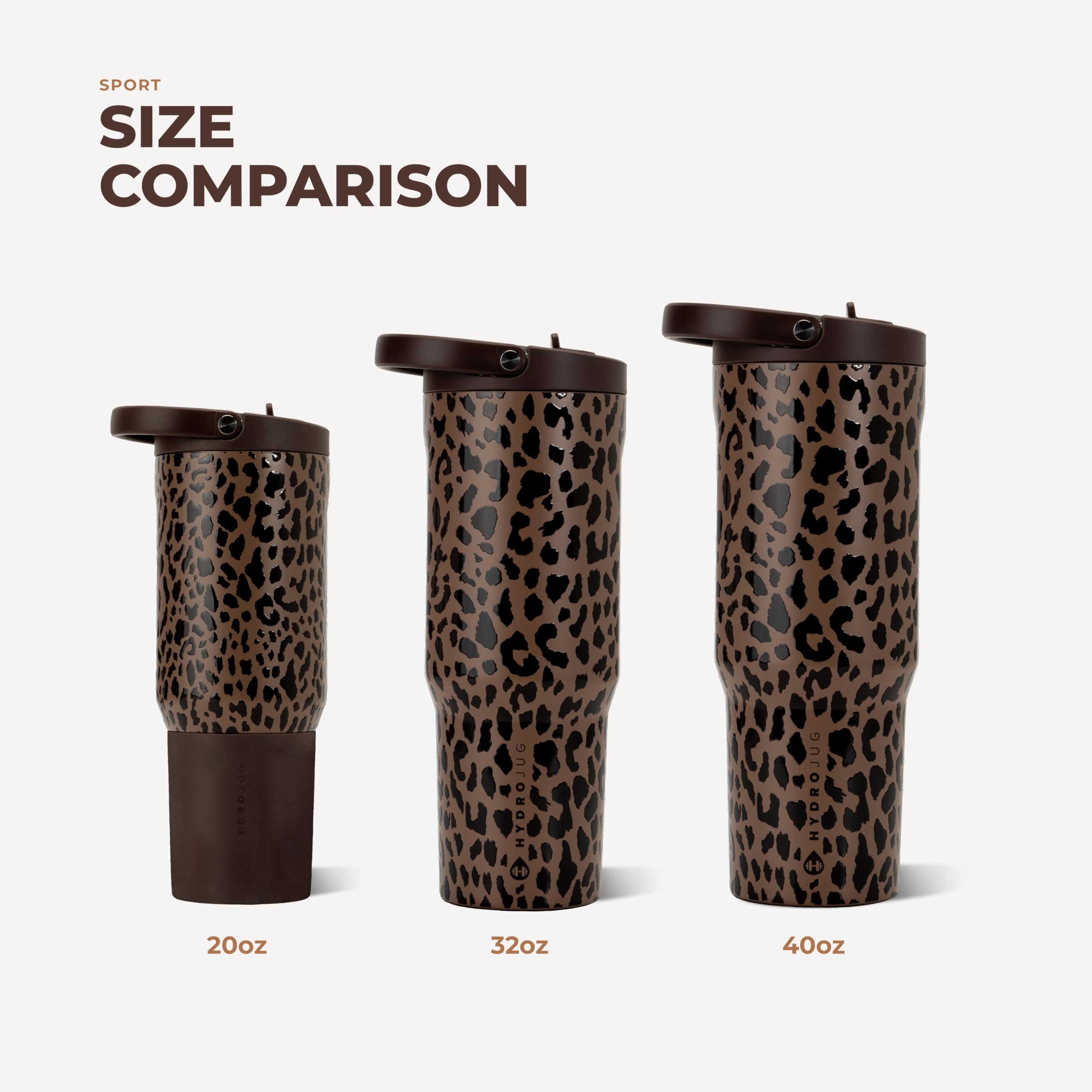HydroJug Brown Leopard held at gym demonstrating one-handed carry and on-the-go convenience
