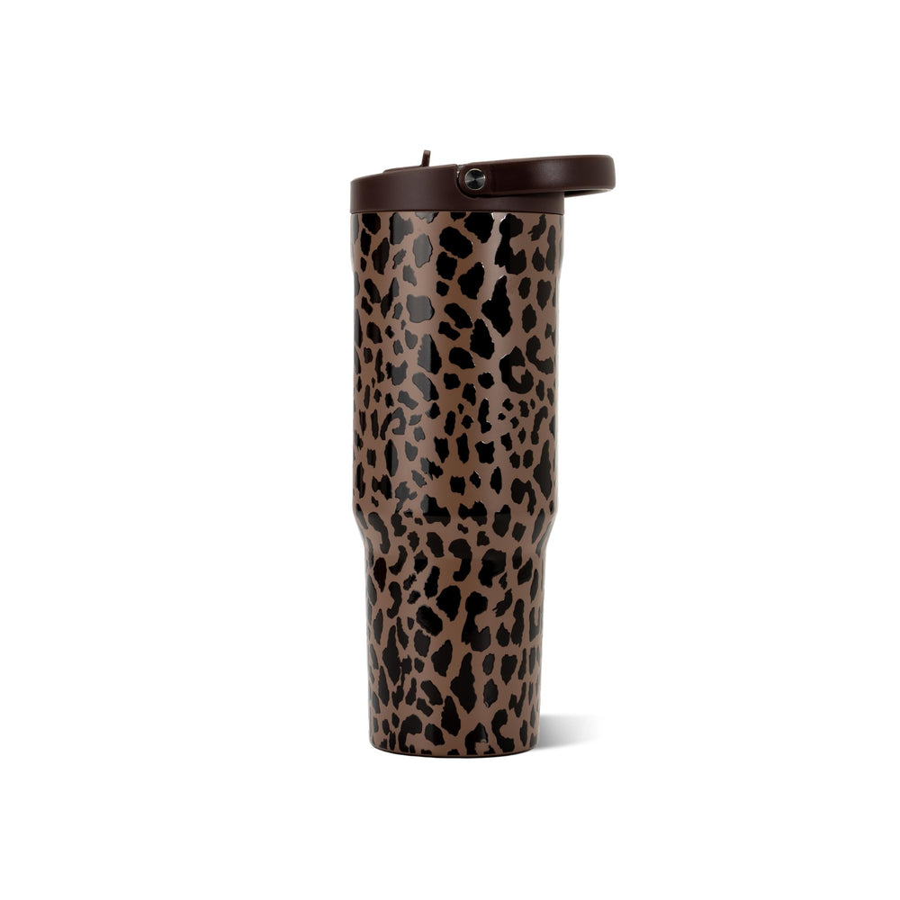 HydroJug Brown Leopard next to water glass showing 32 oz capacity benefit for fewer refills