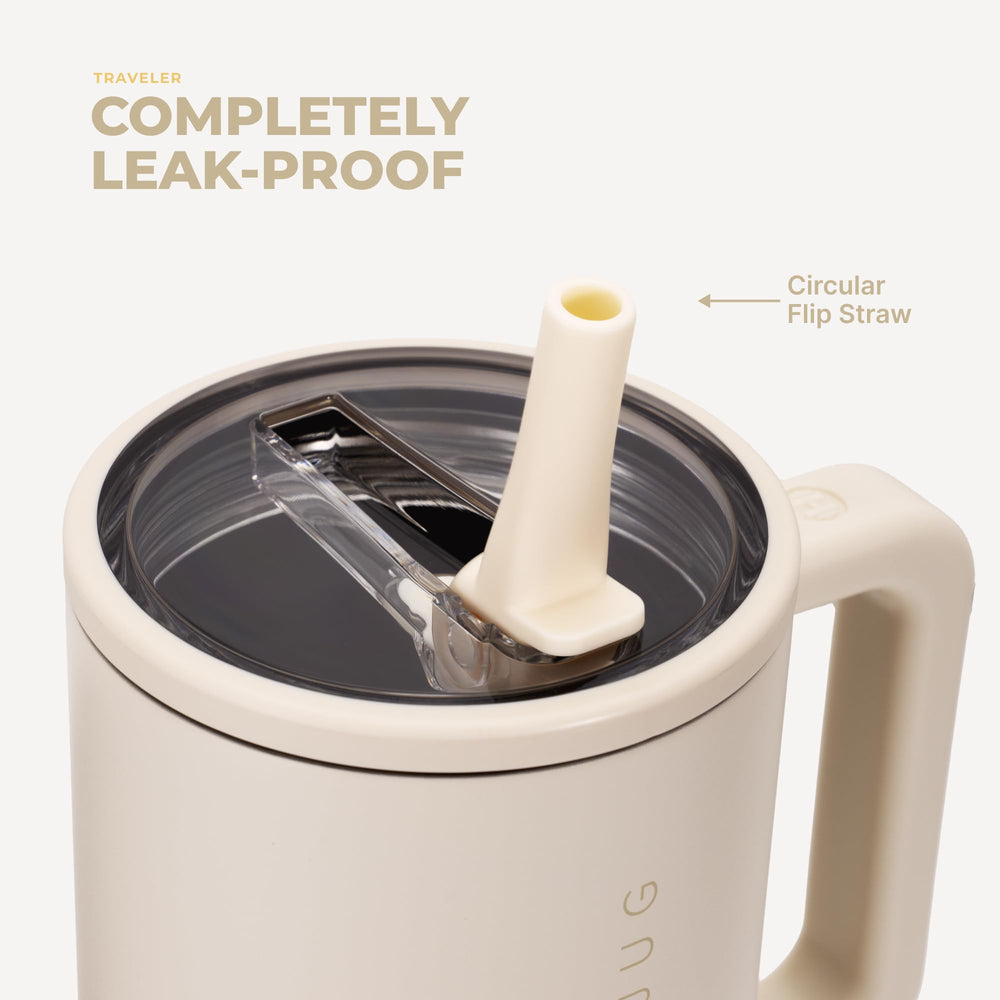 HydroJug Traveler crema pajilla desmontada junto a la tapa para limpieza fácil y completa