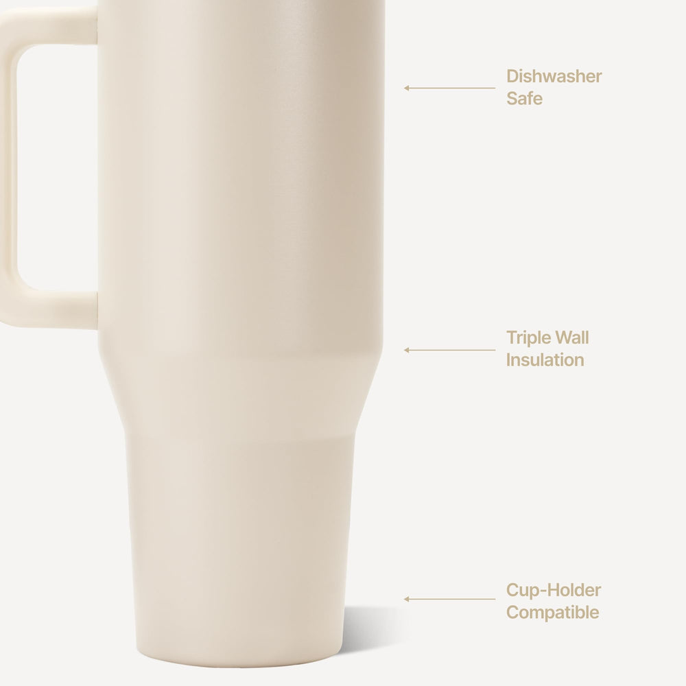 HydroJug Traveler crema enfoque en el asa ergonómica y base antideslizante para mejor agarre