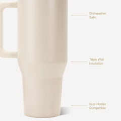 HydroJug Traveler crema enfoque en el asa ergonómica y base antideslizante para mejor agarre