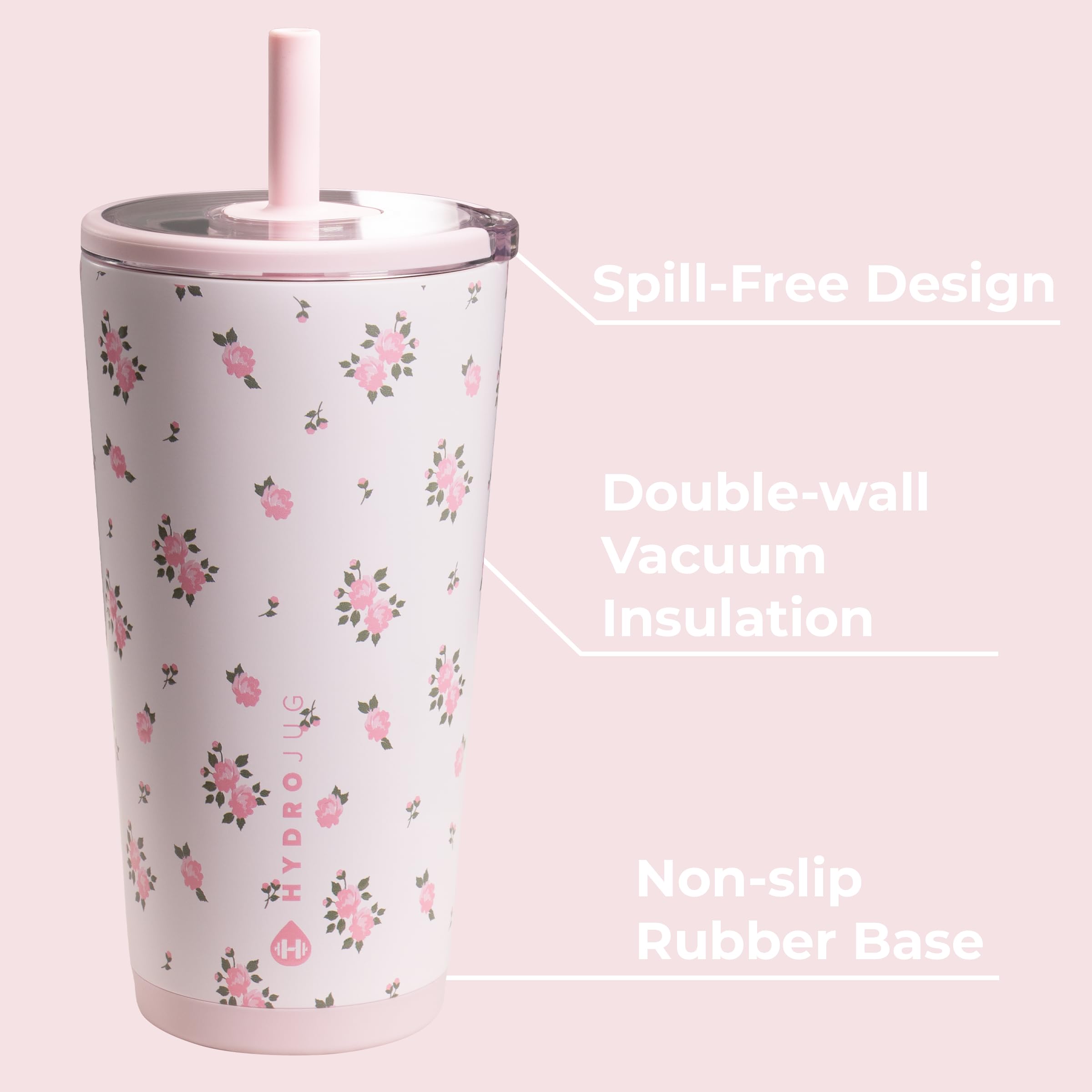 HydroJug detalle de tapa de tacto suave y pajilla flexible para beber fácil