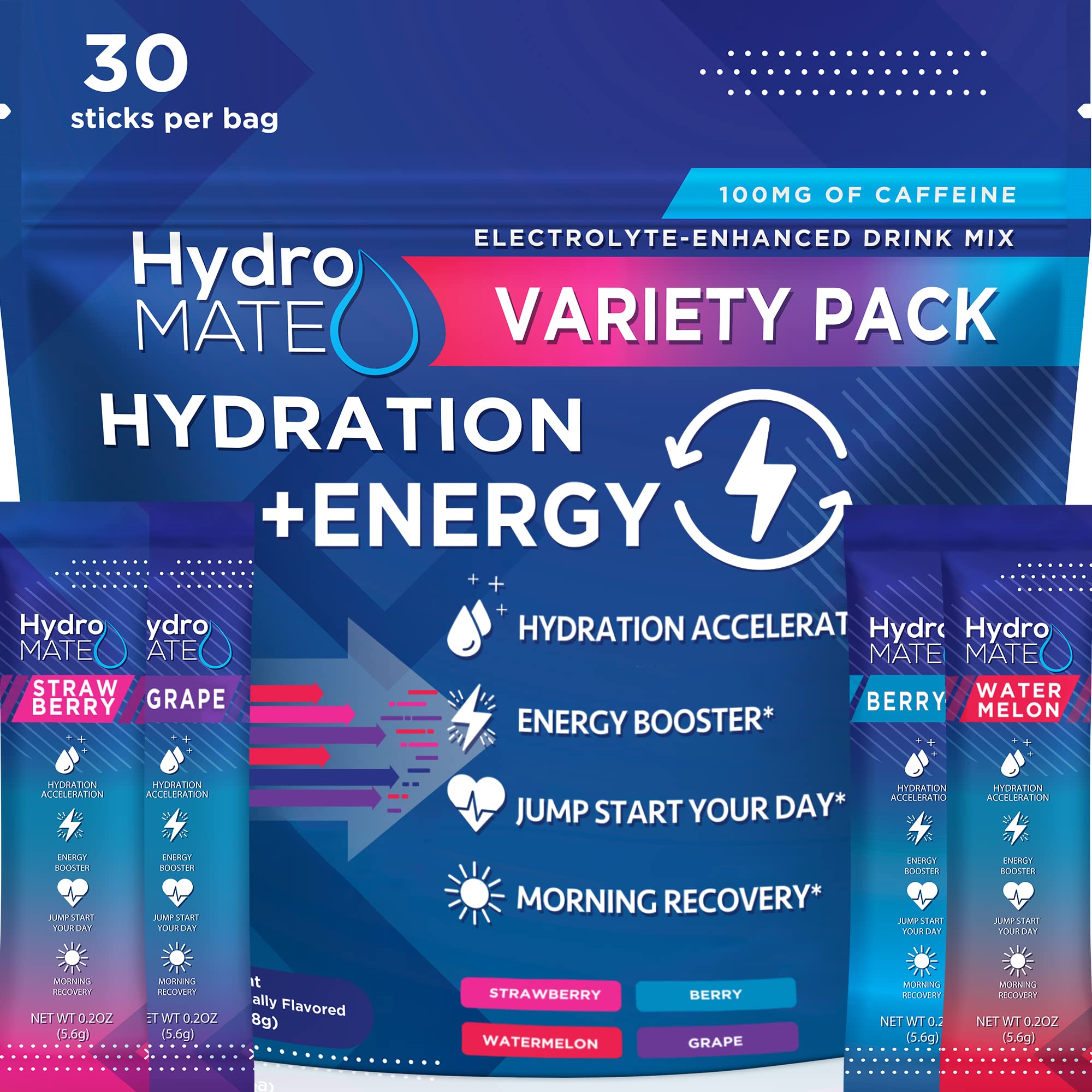 HydroMATE frente del empaque mostrando 30 sobres y beneficios de uso