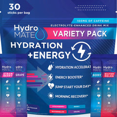 HydroMATE frente del empaque mostrando 30 sobres y beneficios de uso