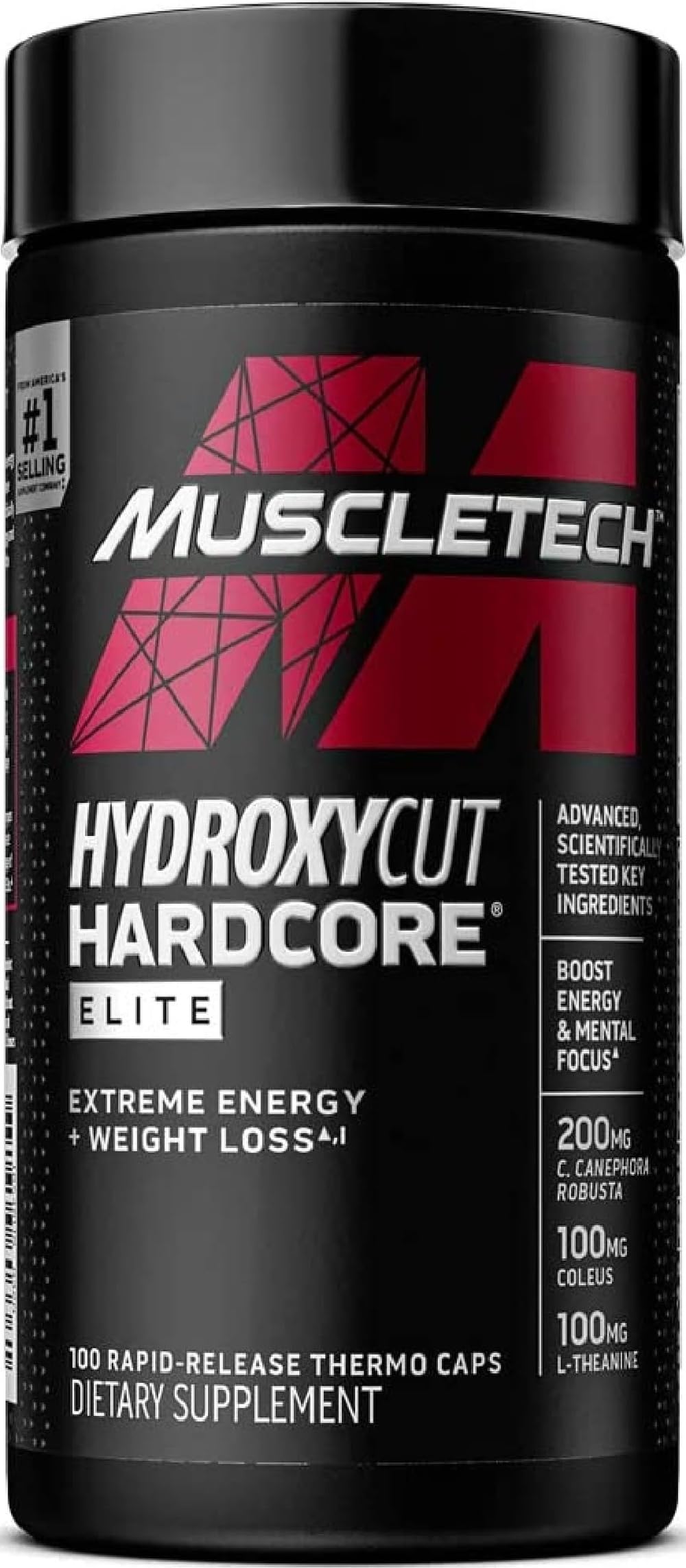 Hydroxycut bottle front view showing label and potency benefits