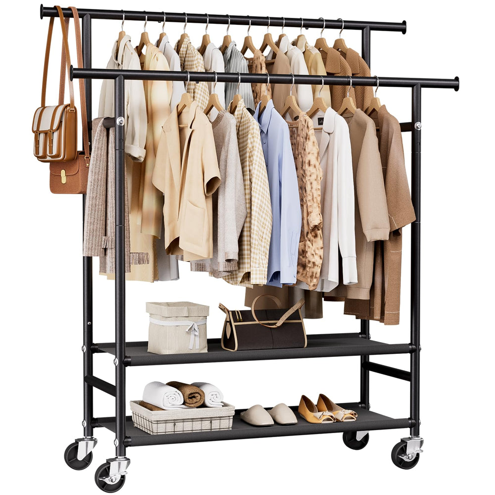 HYSEYY front view full rack showing double rods and shelves for organized clothing