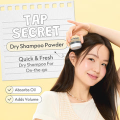 I DEW CARE polvo fino del Tap Secret mostrando textura absorbente y efecto mate