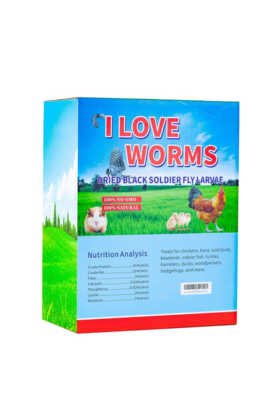 I LOVE WORMS primer plano de larvas deshidratadas, textura crujiente y alta proteína visible