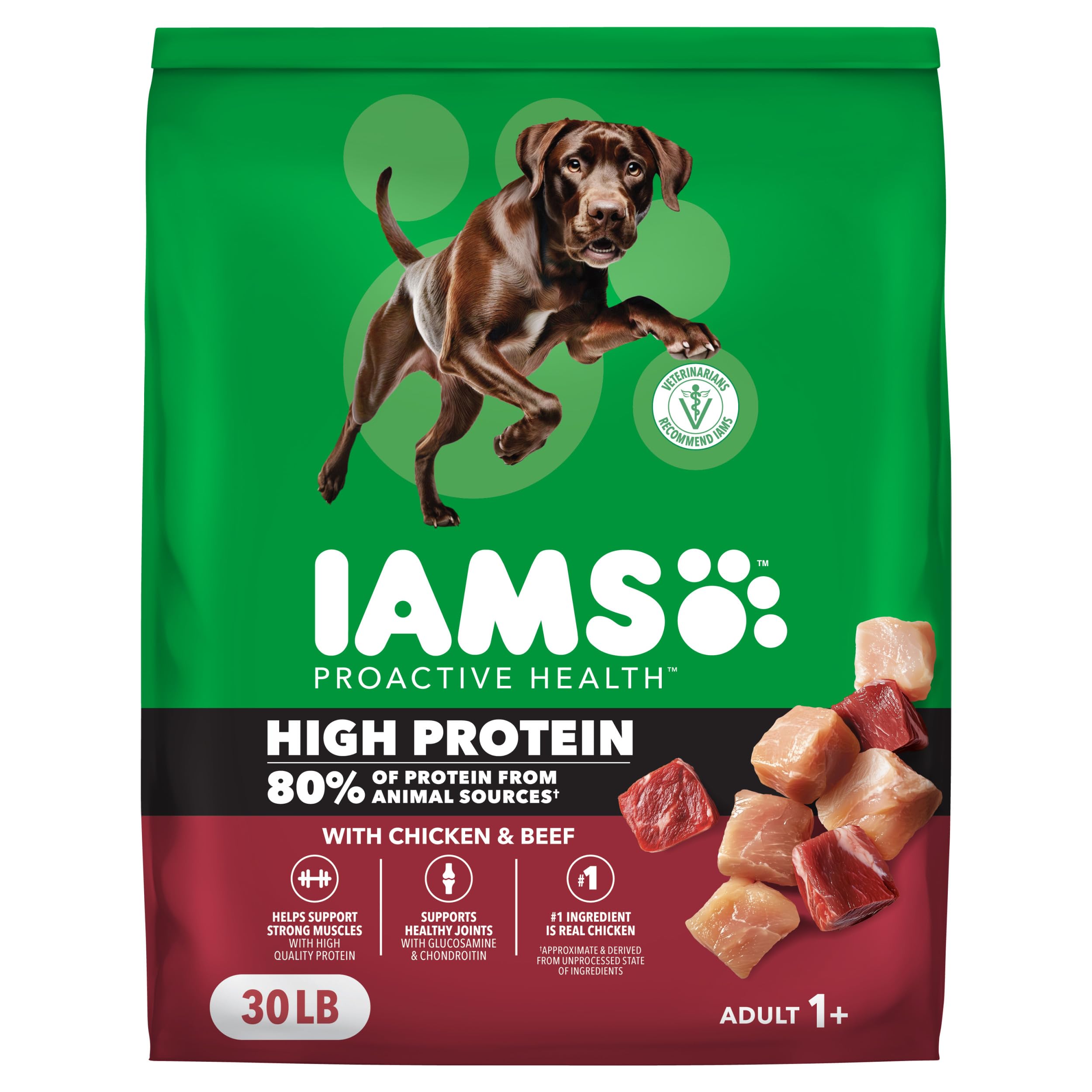 IAMS empaque frontal pollo y res mostrando calidad del alimento