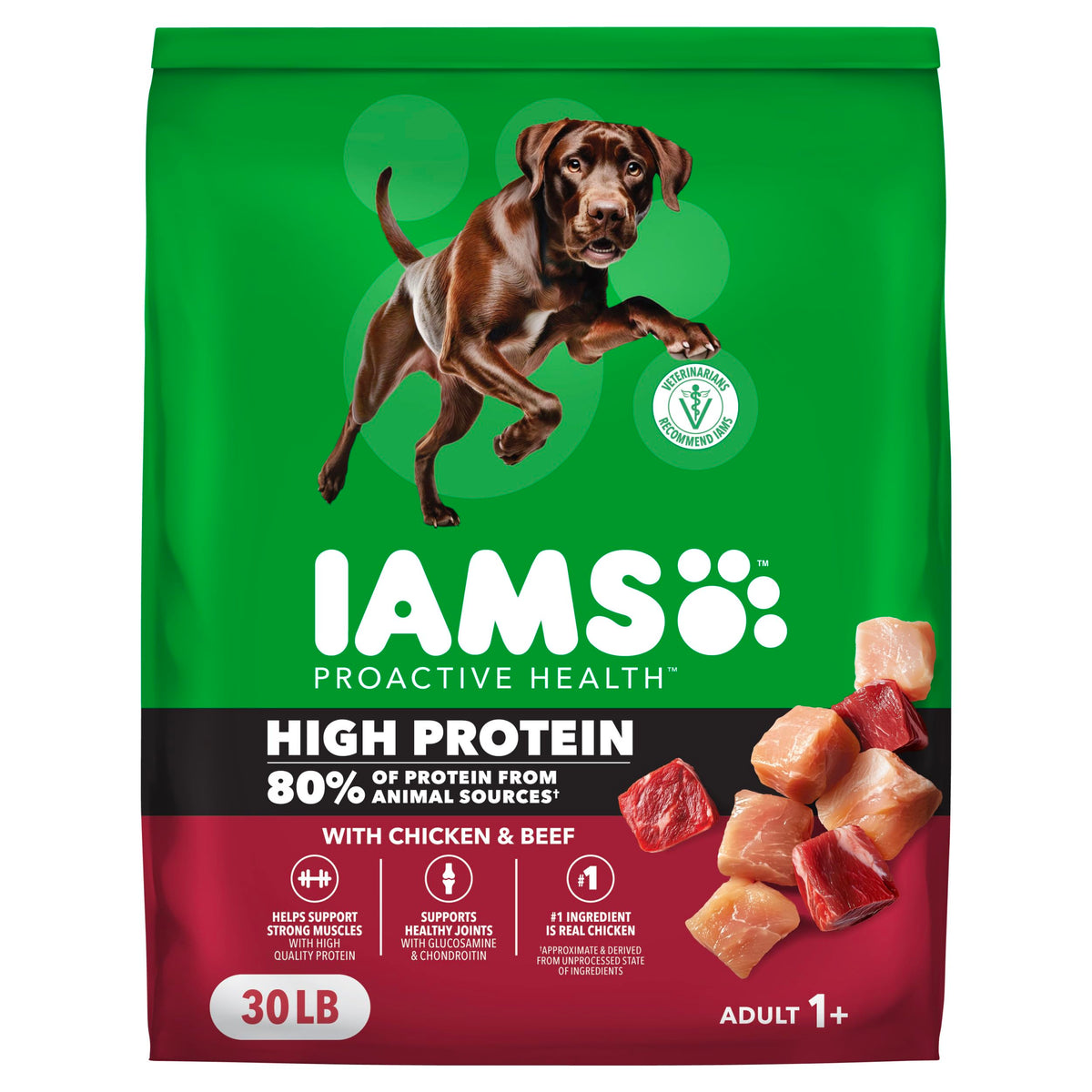 IAMS empaque frontal pollo y res mostrando calidad del alimento
