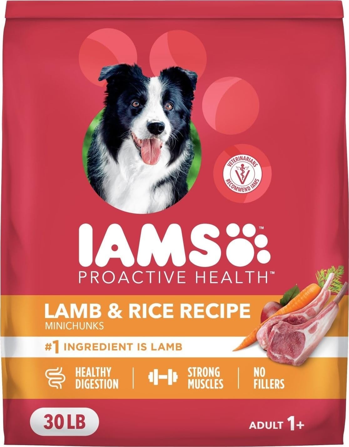 IAMS bolsa frontal 30 lb mostrando diseño y beneficios nutritivos