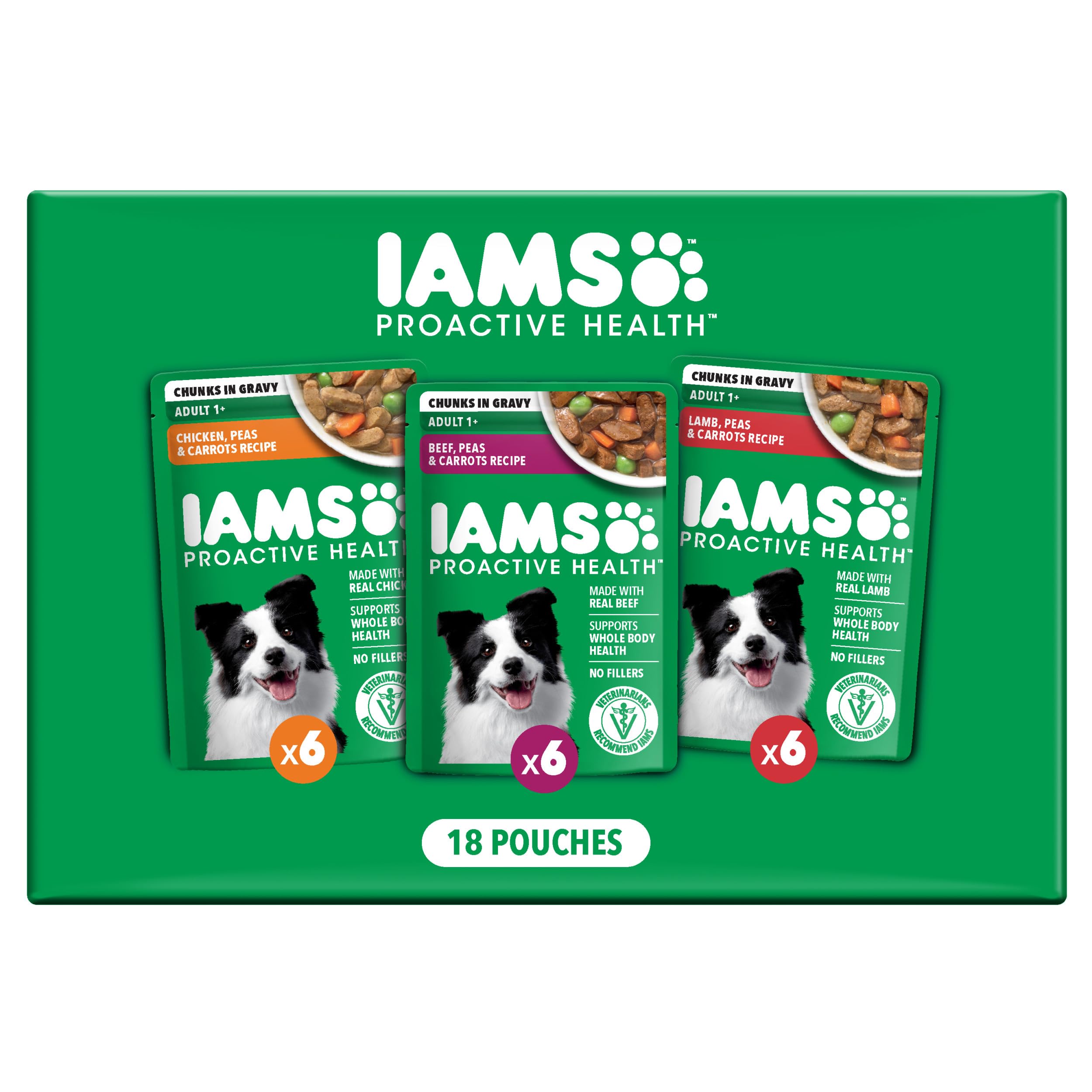 IAMS paquete variedad frontal mostrando sobres y beneficios nutricionales
