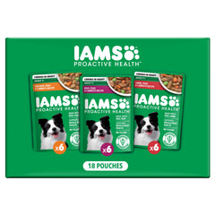 IAMS paquete variedad frontal mostrando sobres y beneficios nutricionales