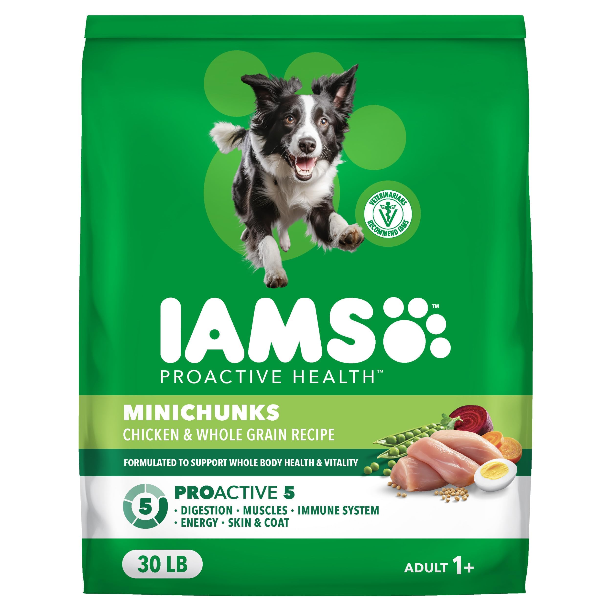 IAMS bolsa frontal 30 lb con vista del empaque y beneficios visibles