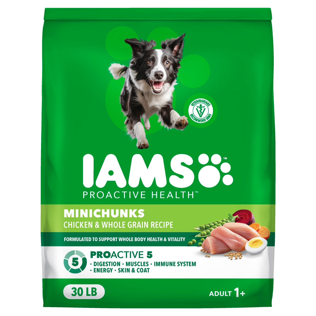 IAMS bolsa frontal 30 lb con vista del empaque y beneficios visibles