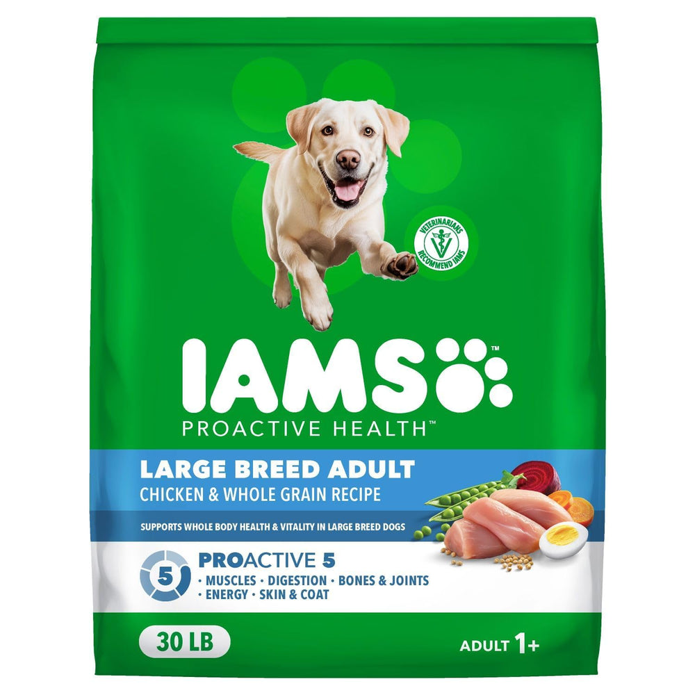 IAMS open bag with kibble spilling to show fresh chicken-first ingredients