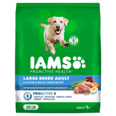 IAMS open bag with kibble spilling to show fresh chicken-first ingredients