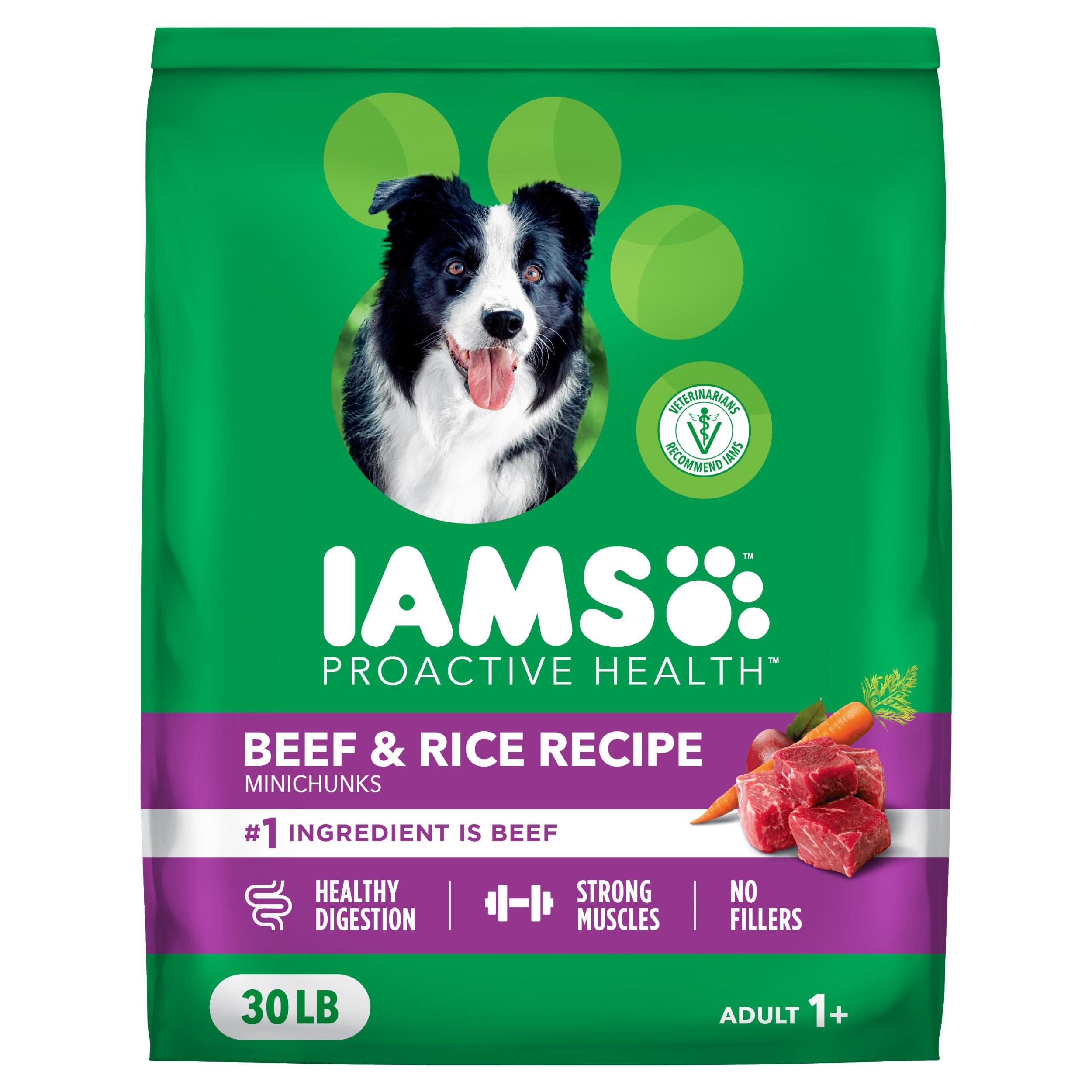 IAMS empaque frontal Minichunks Beef & Rice mostrando claridad del producto y confianza