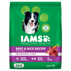 IAMS empaque frontal Minichunks Beef & Rice mostrando claridad del producto y confianza